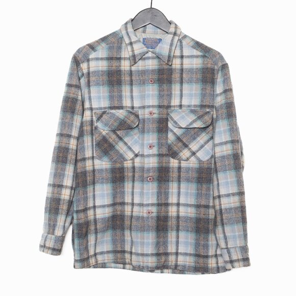 SOLD - Pendleton Vintage Wool Board Shirt - Blue Gray Tan - Size S/M - Picture 1 of 11
